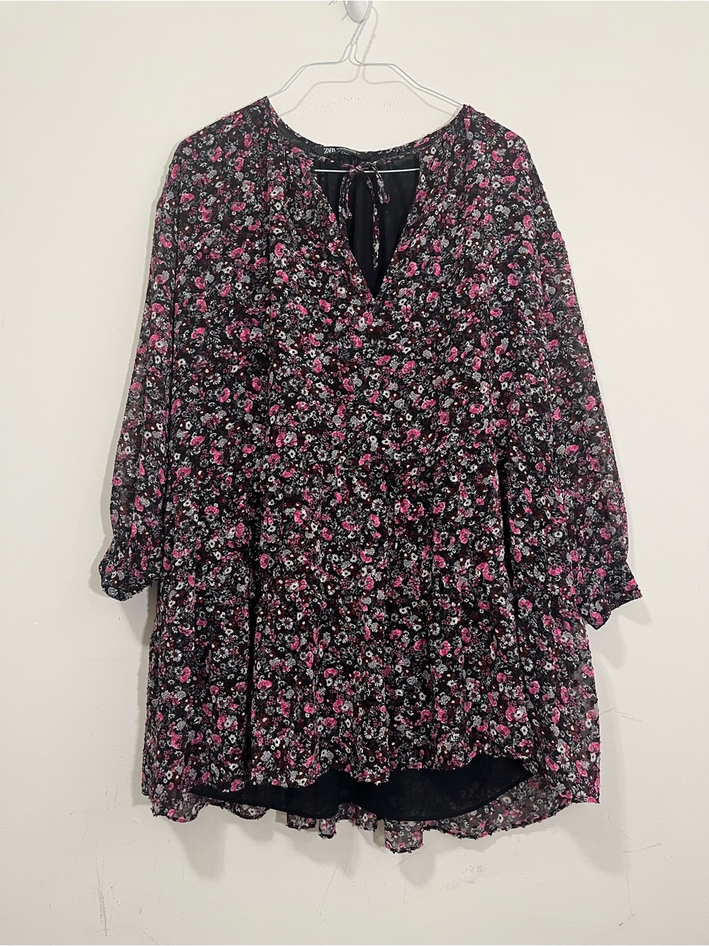 Zara Black Floral Tunic Dress with Pink and White Flowers
